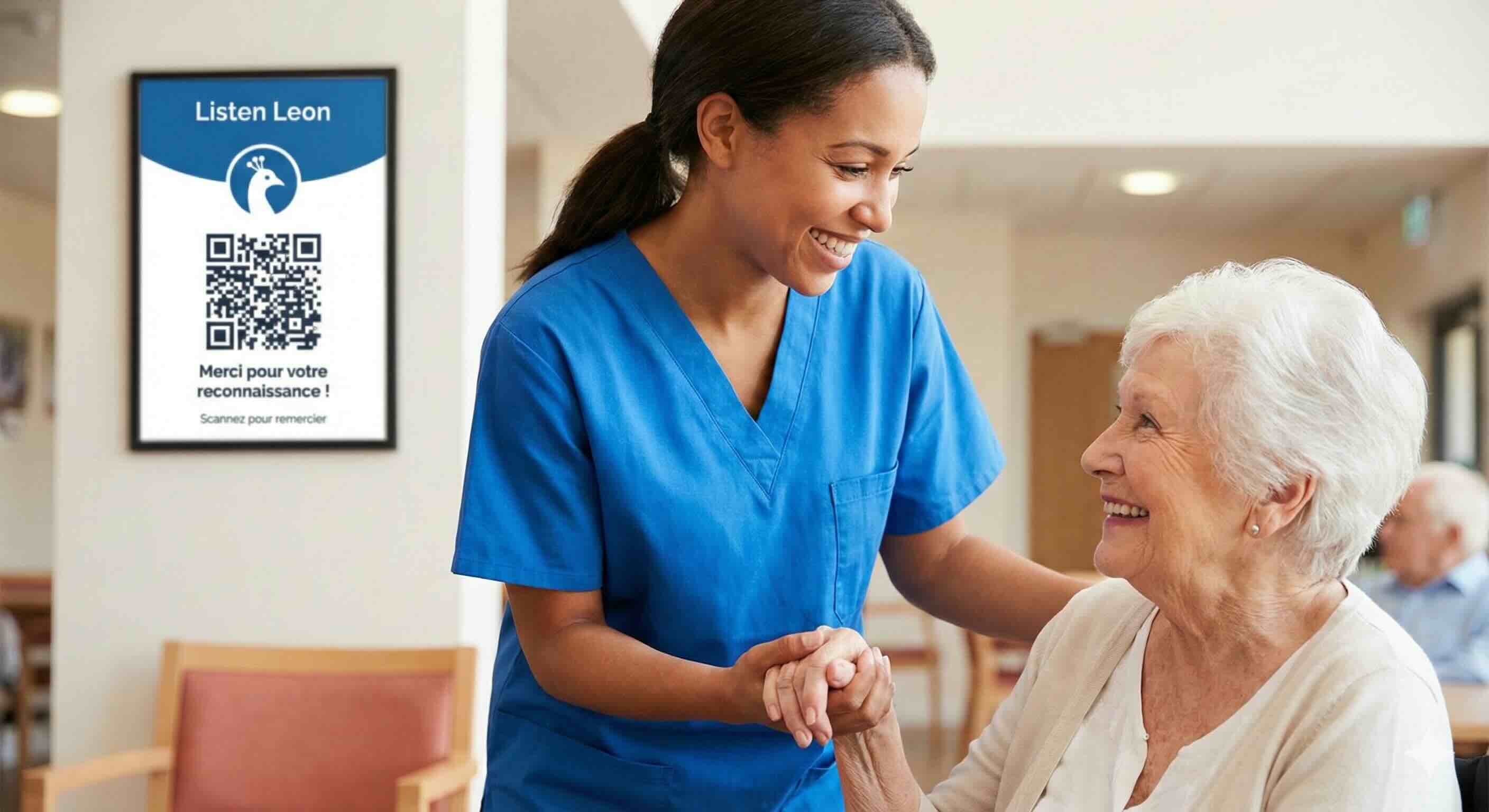 Affiche de reconnaissance soignants Listen Leon avec QR code pour les familles en établissement de santé